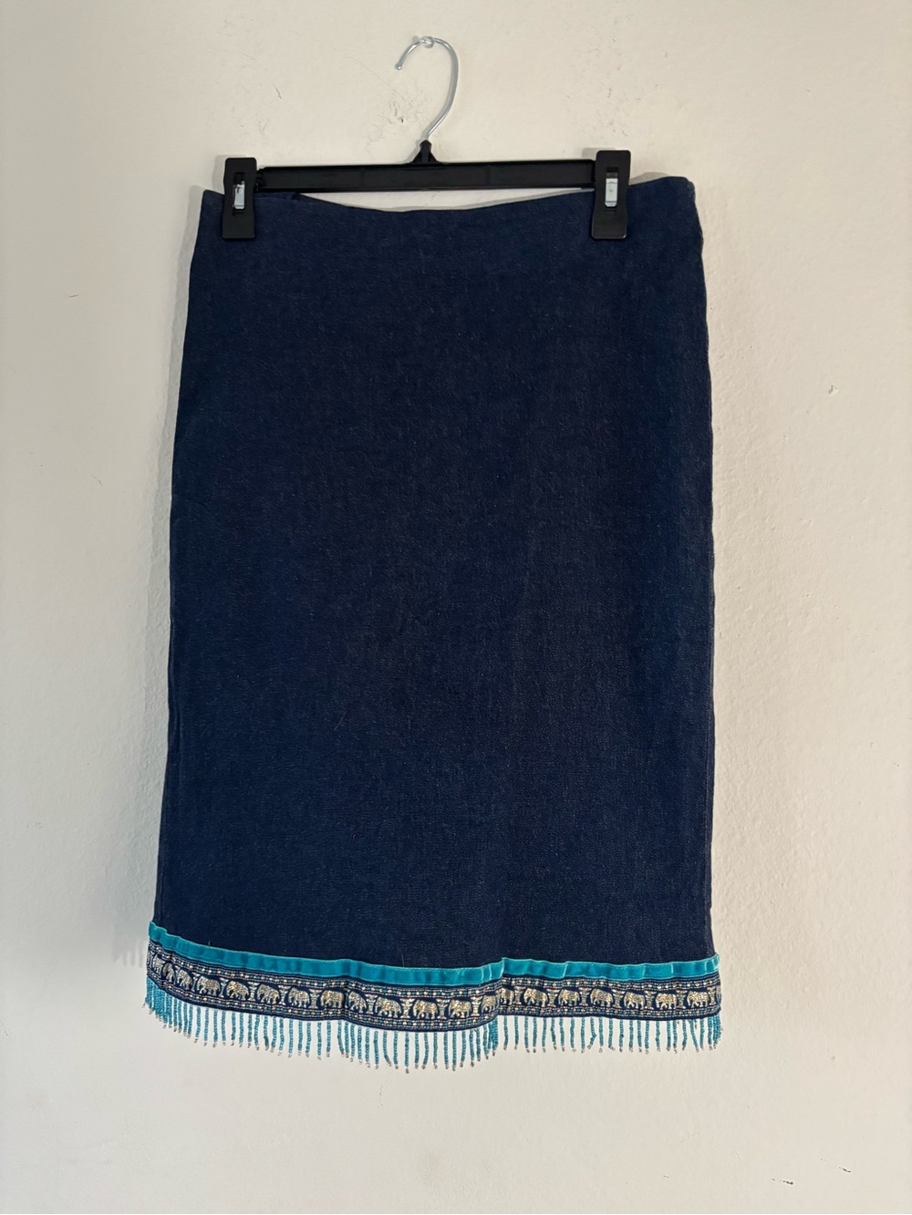 Vintage Forever 21 navy blue denim skirt with turquoise fringe